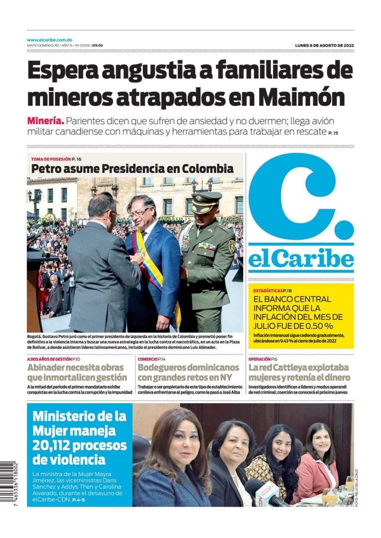 Portada Periódico El Caribe, Lunes 08 Agosto, 2022
