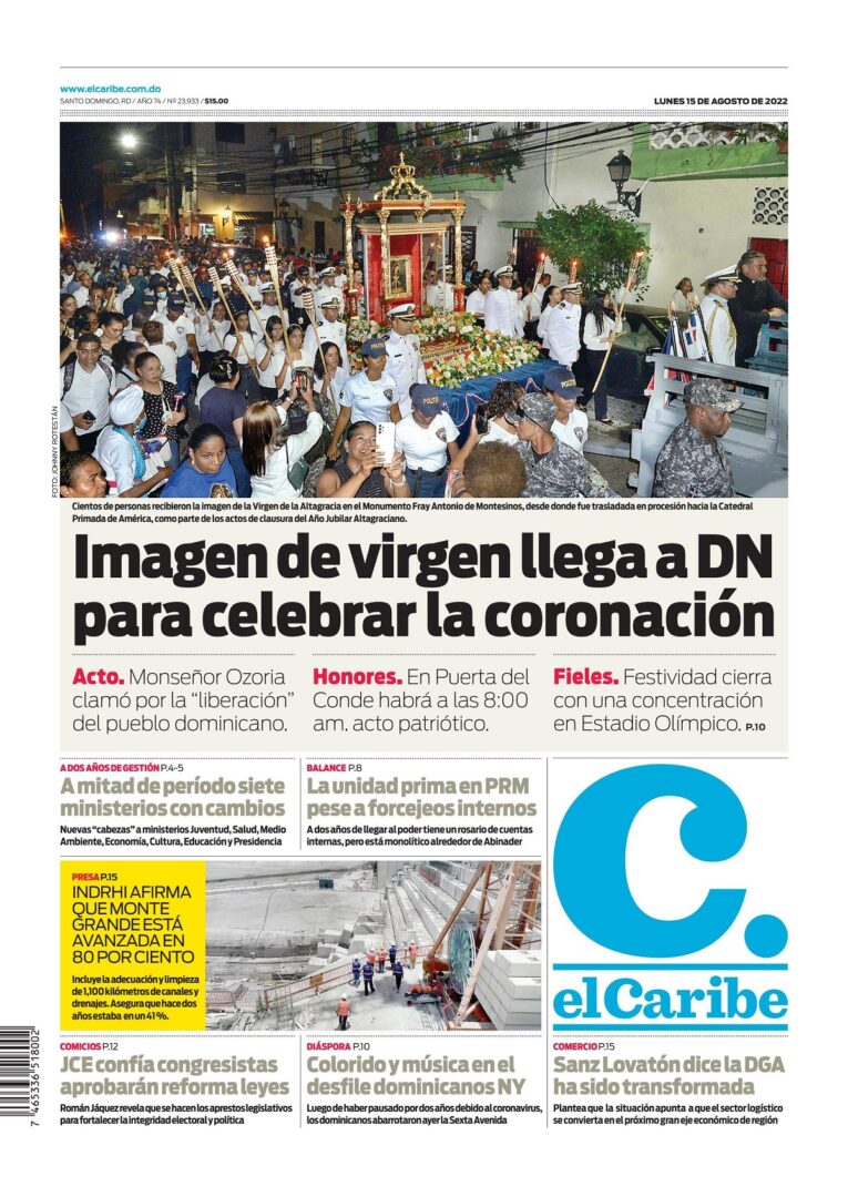 Portada Periódico El Caribe, Lunes 15 Agosto, 2022