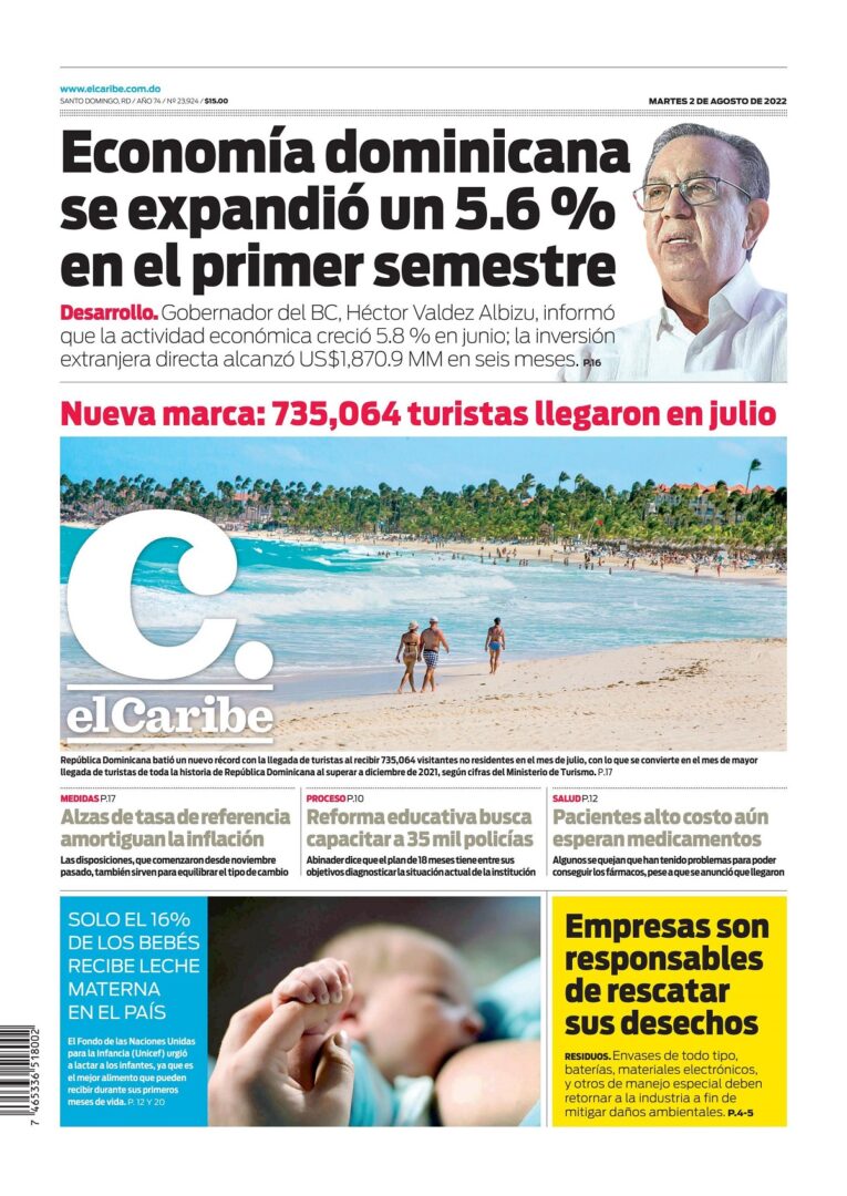 Portada Periódico El Caribe, Martes 02 Agosto, 2022