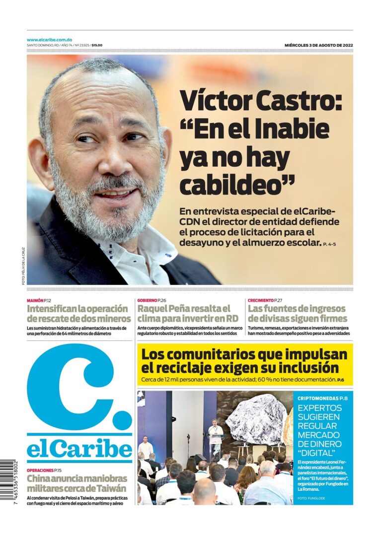 Portada Periódico El Caribe, Miércoles 03 Agosto, 2022