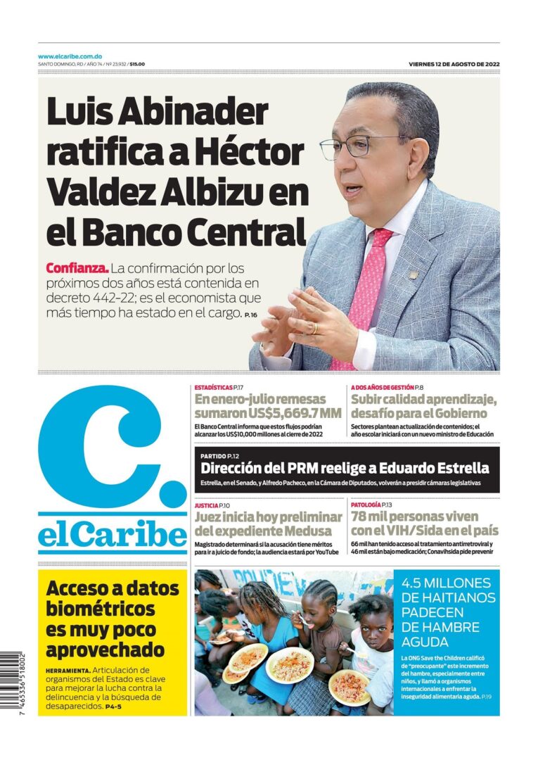 Portada Periódico El Caribe, Viernes 12 Agosto, 2022