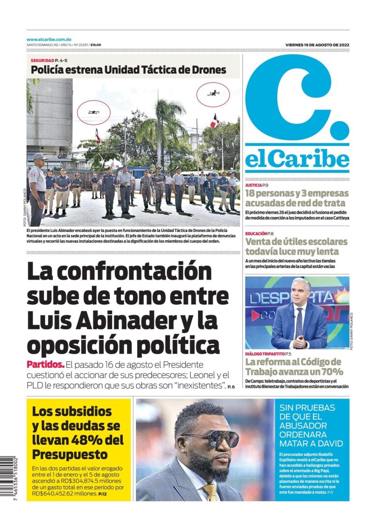 Portada Periódico El Caribe, Viernes 19 Agosto, 2022