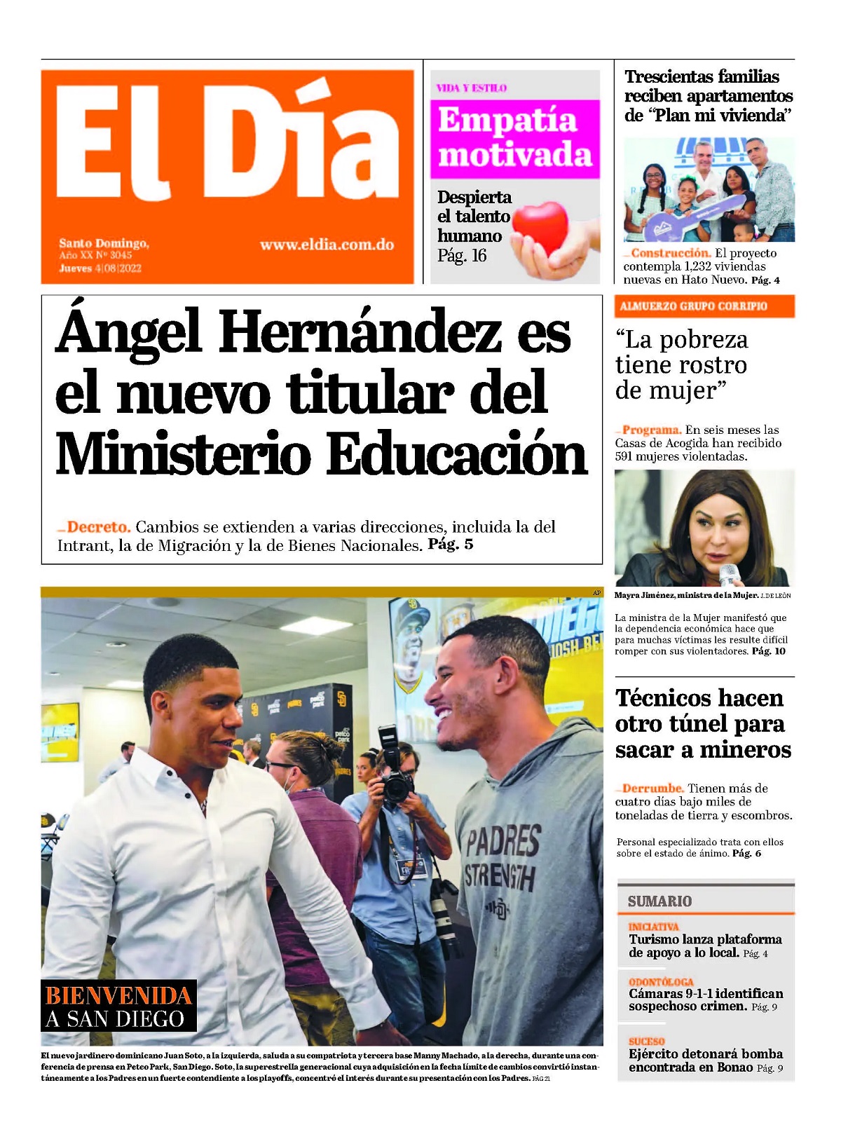 Portada Periódico El Día, Jueves 04 Agosto, 2022