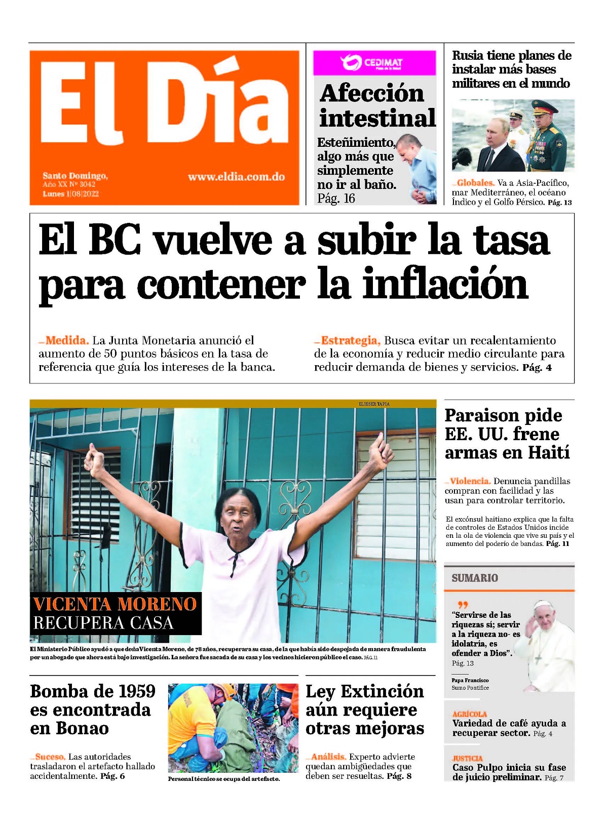 Portada Periódico El Día, Lunes 01 Agosto, 2022