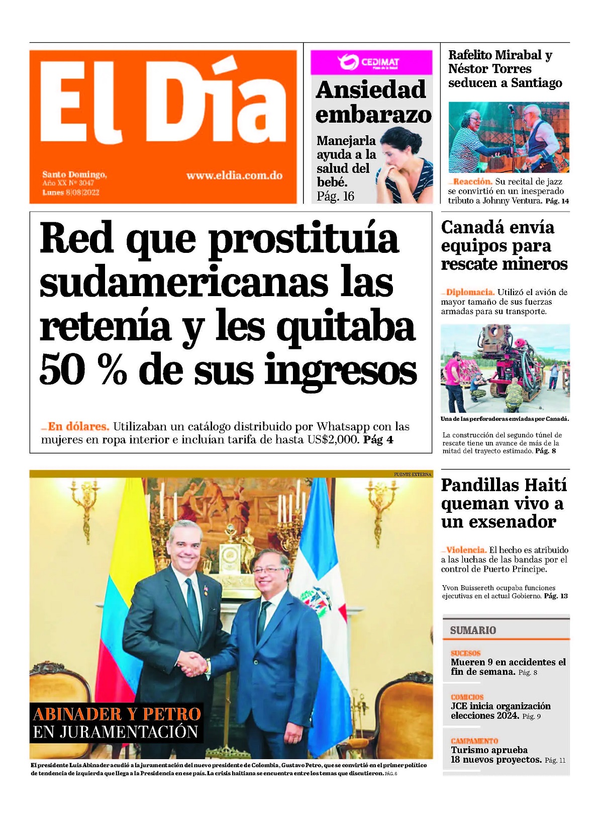 Portada Periódico El Día, Lunes 08 Agosto, 2022