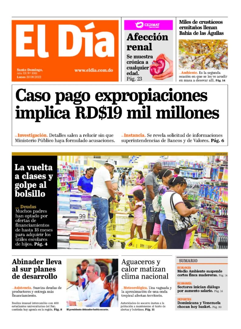 Portada Periódico El Día, Lunes 29 Agosto, 2022