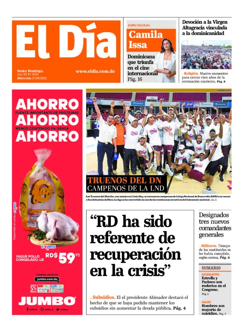 Portada Periódico El Día, Miércoles 17 Agosto, 2022
