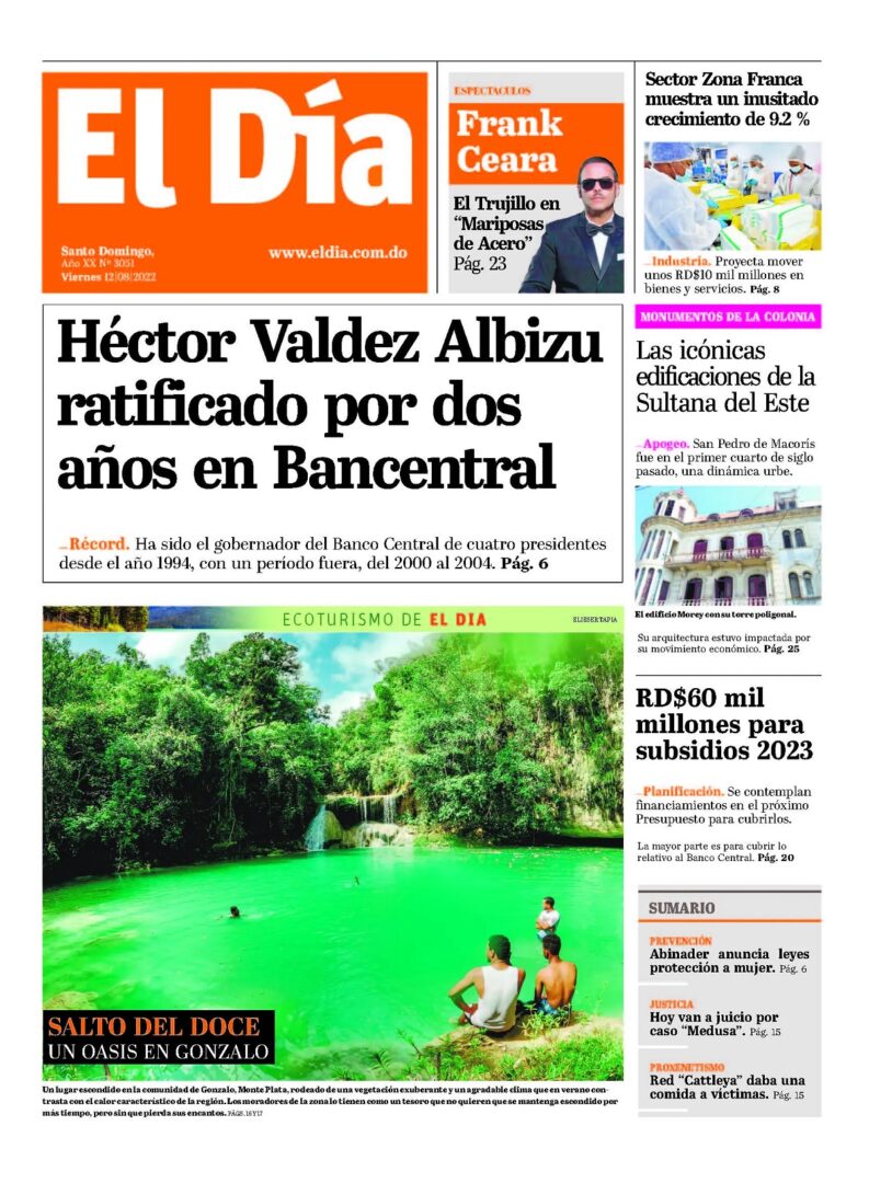 Portada Periódico El Día, Viernes 12 Agosto, 2022