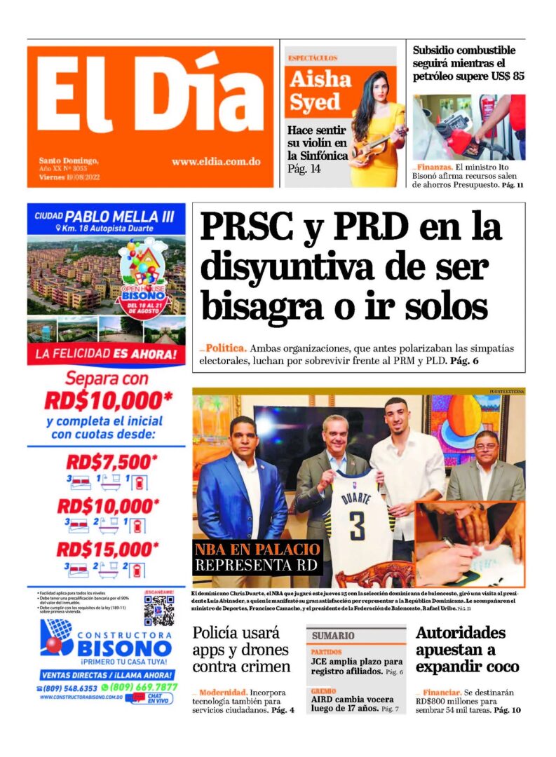 Portada Periódico El Día, Viernes 19 Agosto, 2022