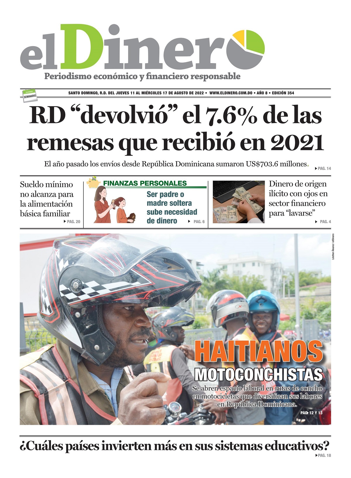 Portada Periódico El Dinero, Miércoles 10 Agosto, 2022