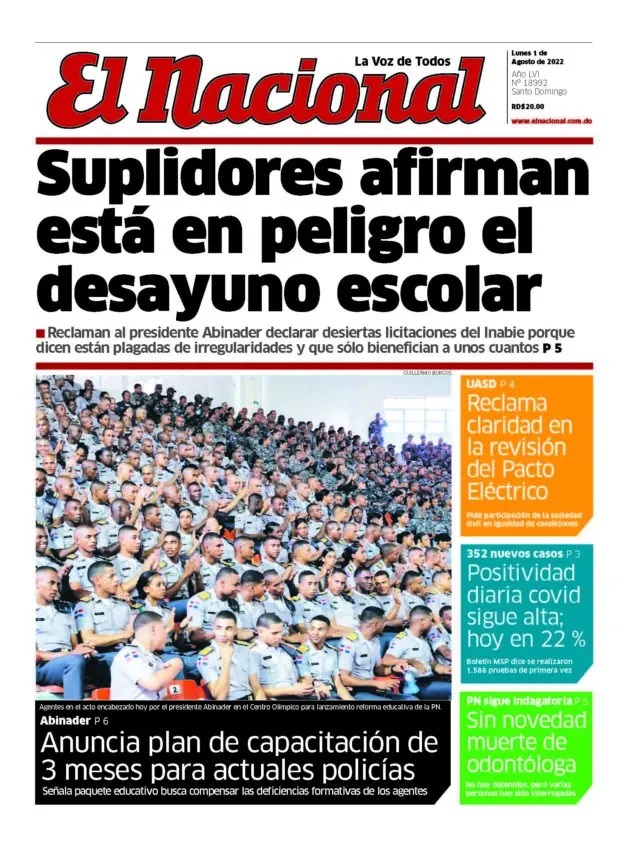 Portada Periódico El Nacional, Lunes 01 Agosto, 2022