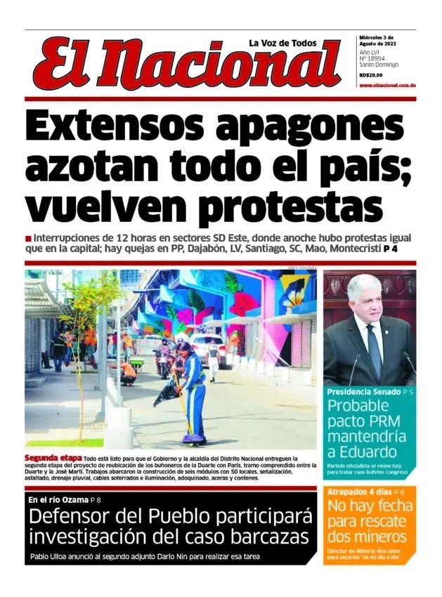 Portada Periódico El Nacional, Miércoles 03 Agosto, 2022