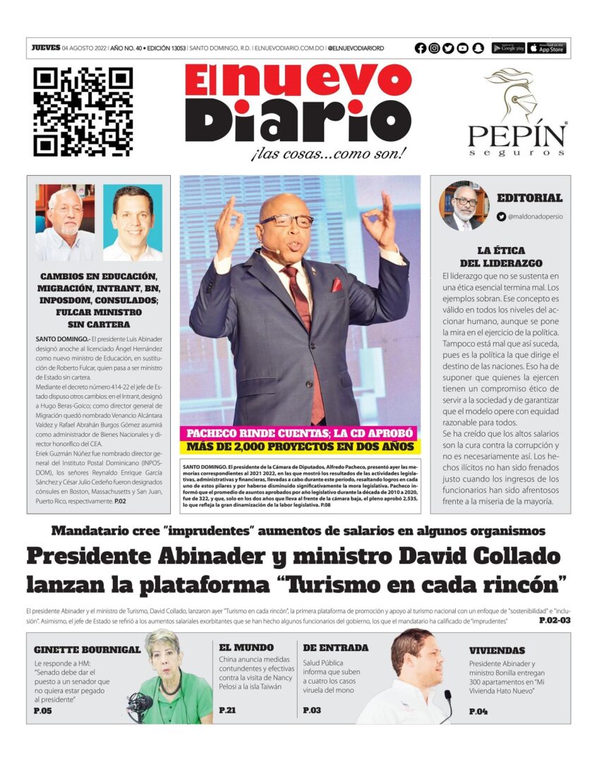 Portada Periódico El Nuevo Diario, Jueves 04 Agosto, 2022