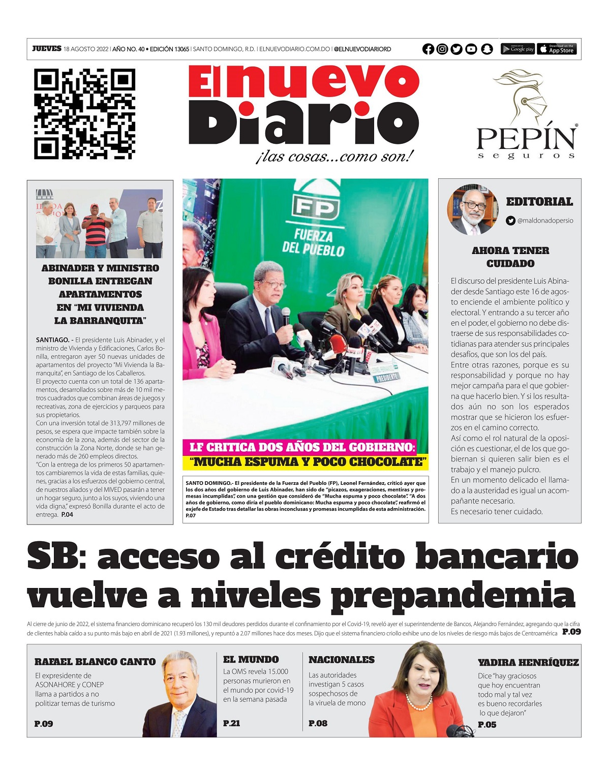 Portada Periódico El Nuevo Diario, Jueves 18 Agosto, 2022