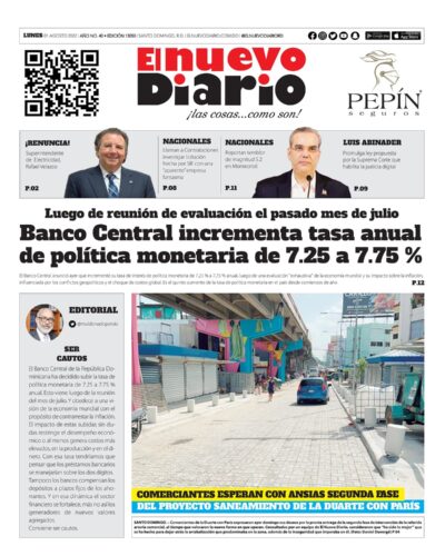 Portada Periódico El Nuevo Diario, Lunes 01 Agosto, 2022