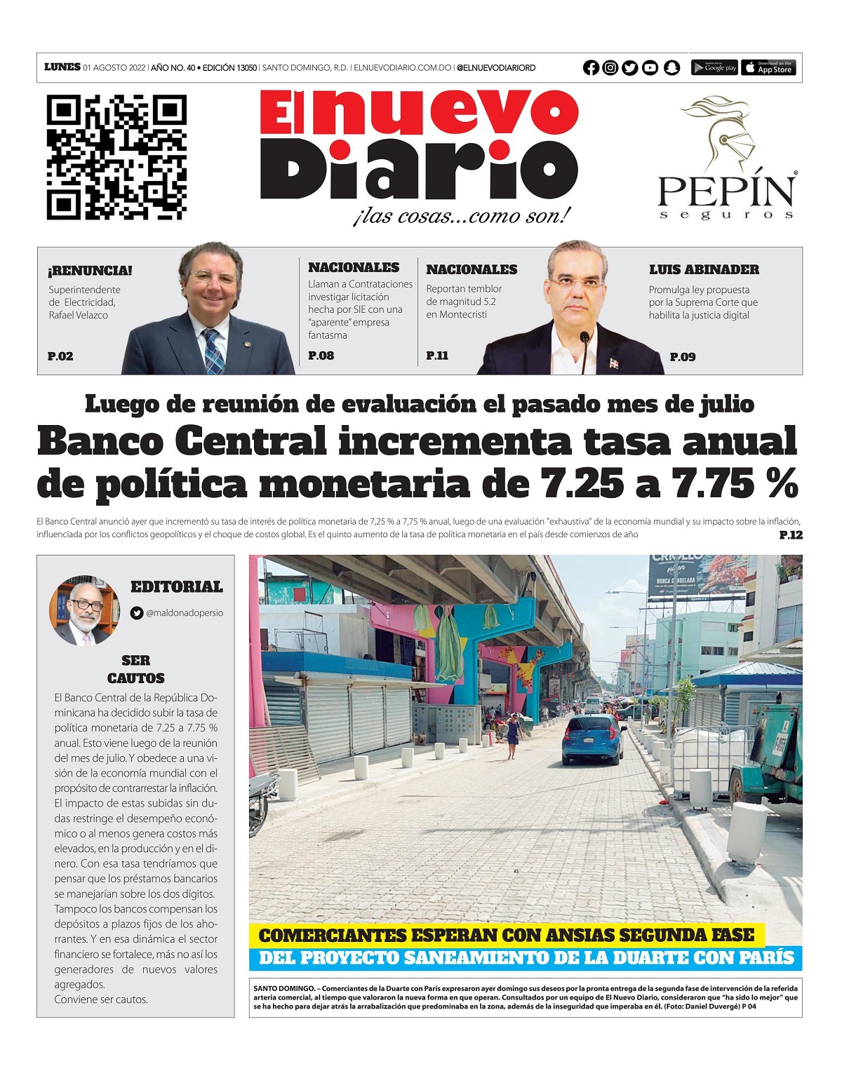 Portada Periódico El Nuevo Diario, Lunes 01 Agosto, 2022