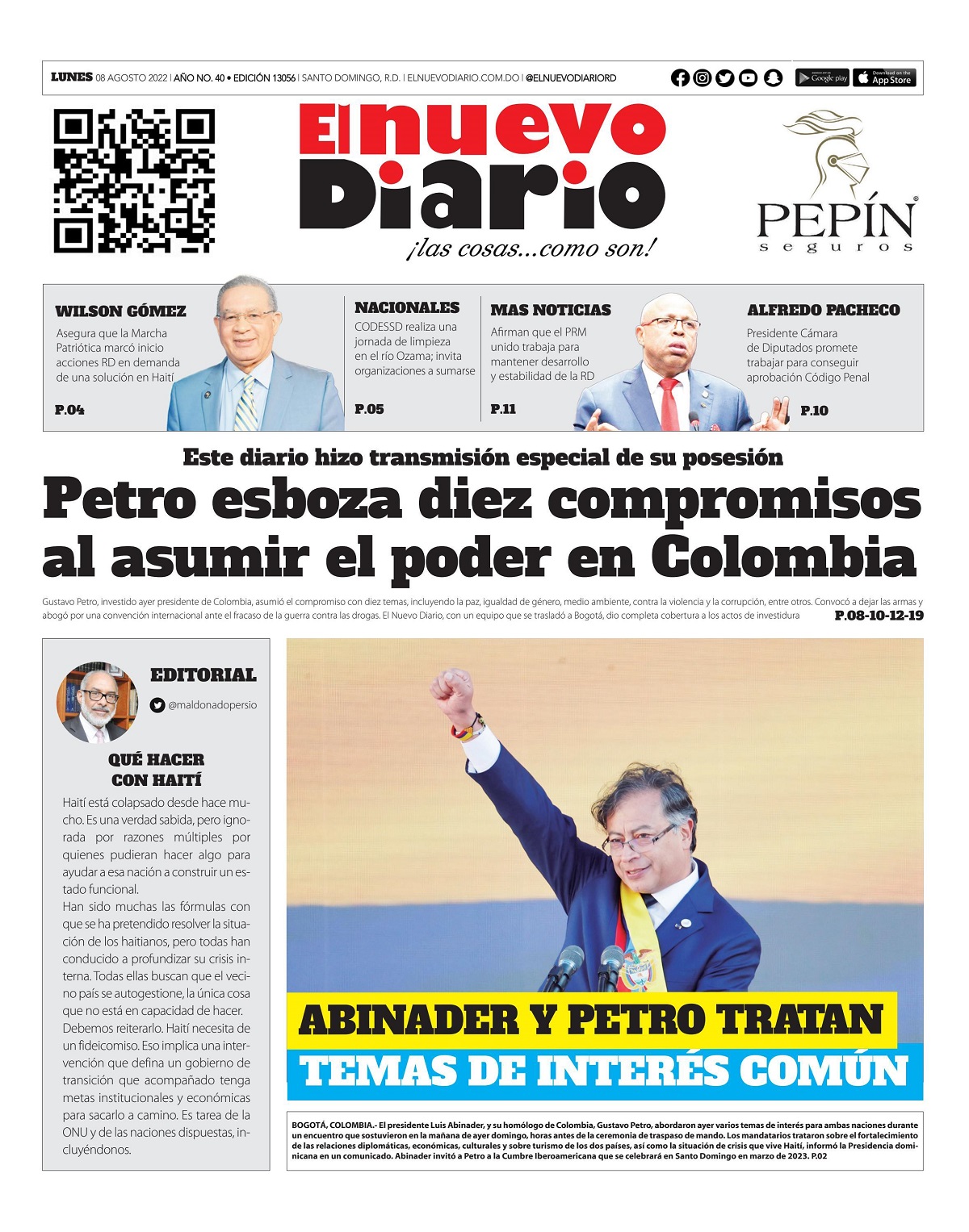 Portada Periódico El Nuevo Diario, Lunes 08 Agosto, 2022