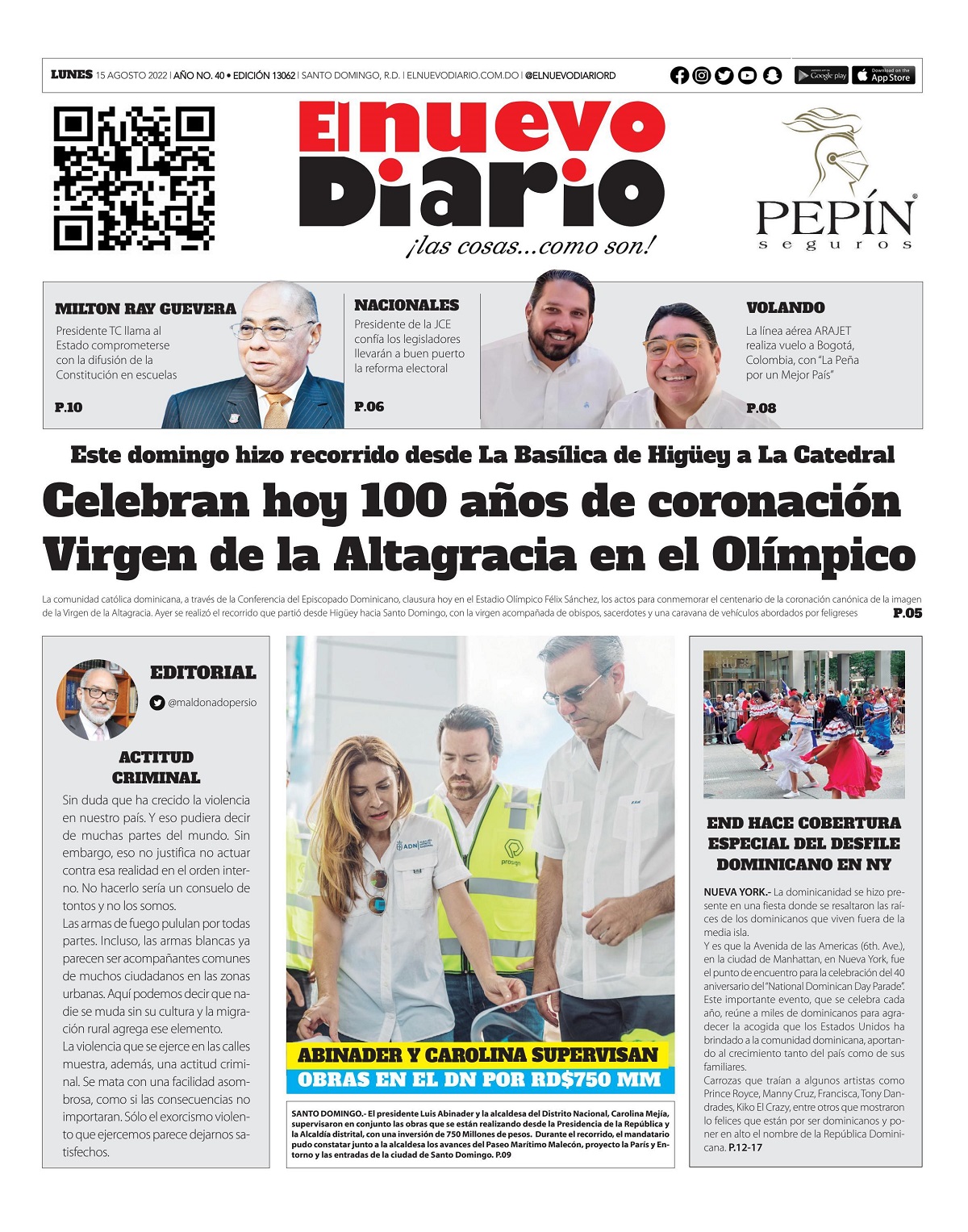 Portada Periódico El Nuevo Diario, Lunes 15 Agosto, 2022