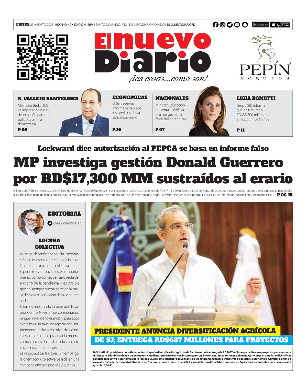 Portada Periódico El Nuevo Diario, Lunes 29 Agosto, 2022