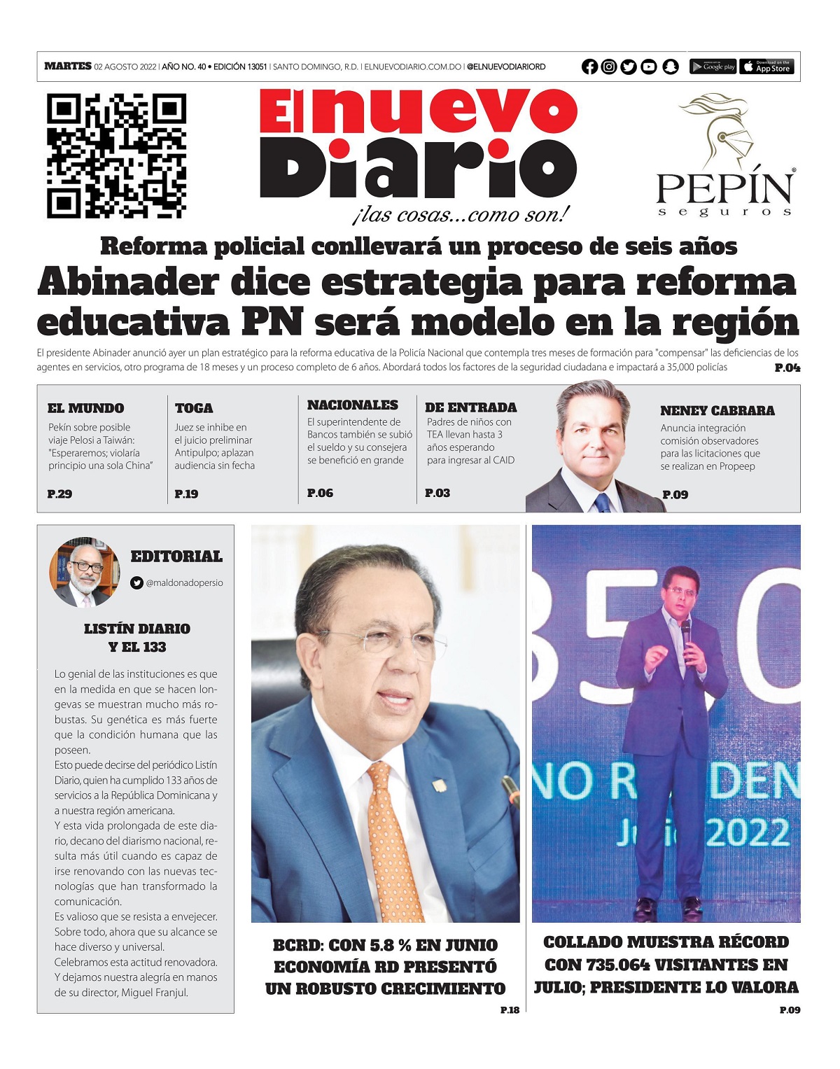 Portada Periódico El Nuevo Diario, Martes 02 Agosto, 2022