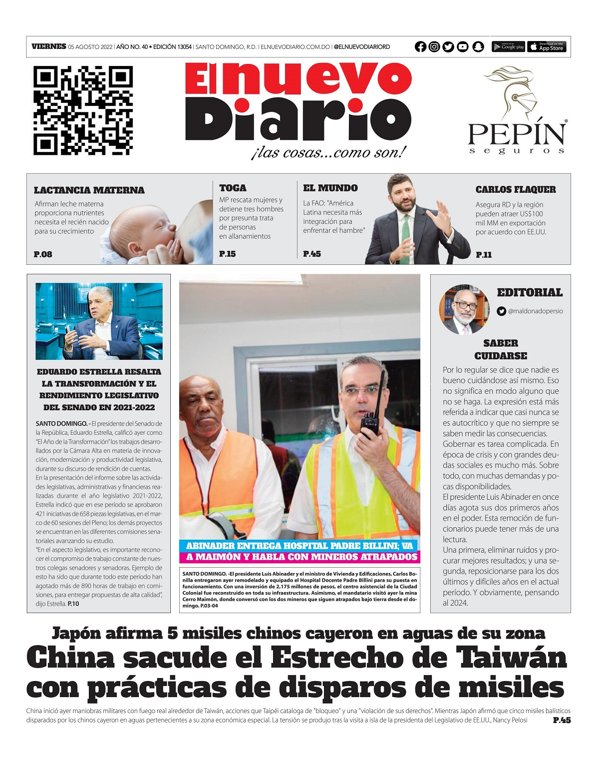 Portada Periódico El Nuevo Diario, Viernes 05 Agosto, 2022