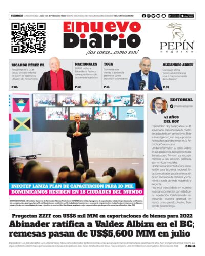 Portada Periódico El Nuevo Diario, Viernes 12 Agosto, 2022