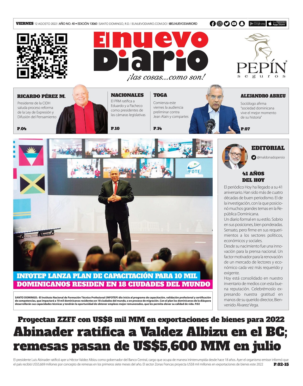 Portada Periódico El Nuevo Diario, Viernes 12 Agosto, 2022