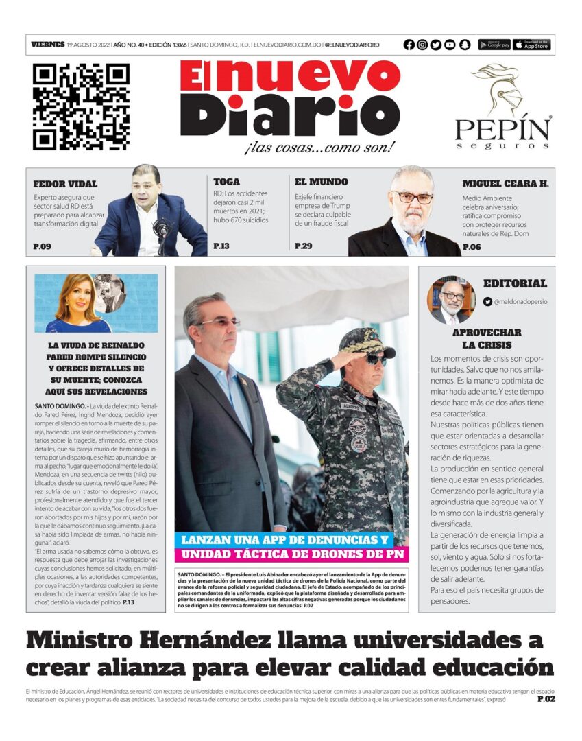 Portada Periódico El Nuevo Diario, Viernes 19 Agosto, 2022