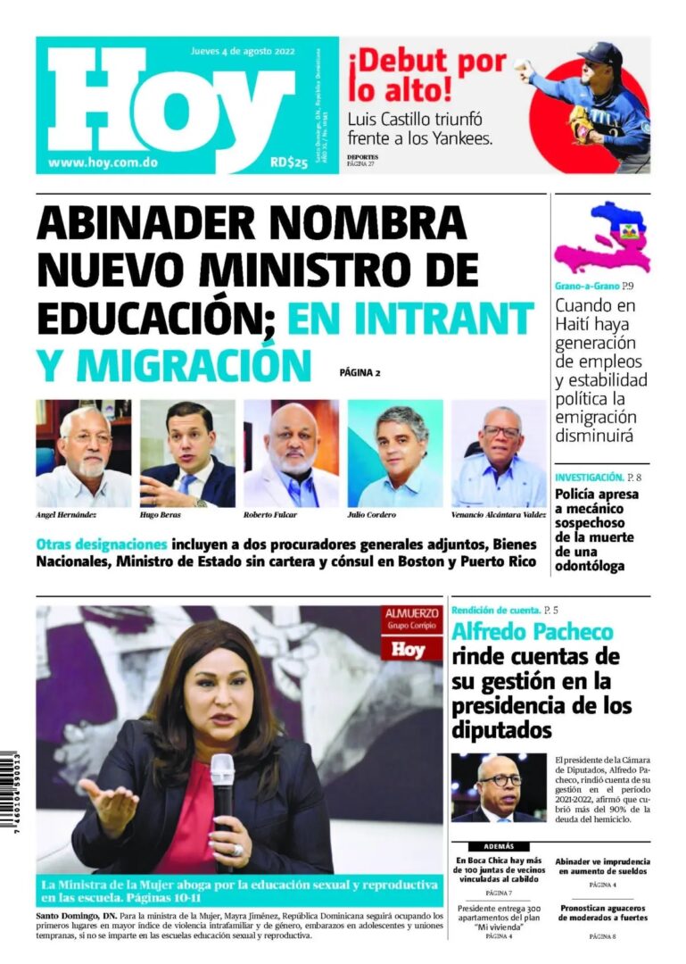 Portada Periódico Hoy, Jueves 04 Agosto, 2022