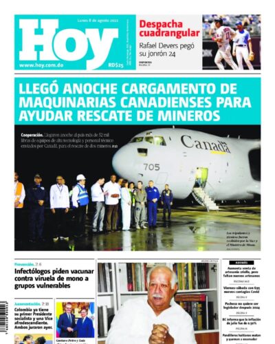 Portada Periódico Hoy, Lunes 08 Agosto, 2022