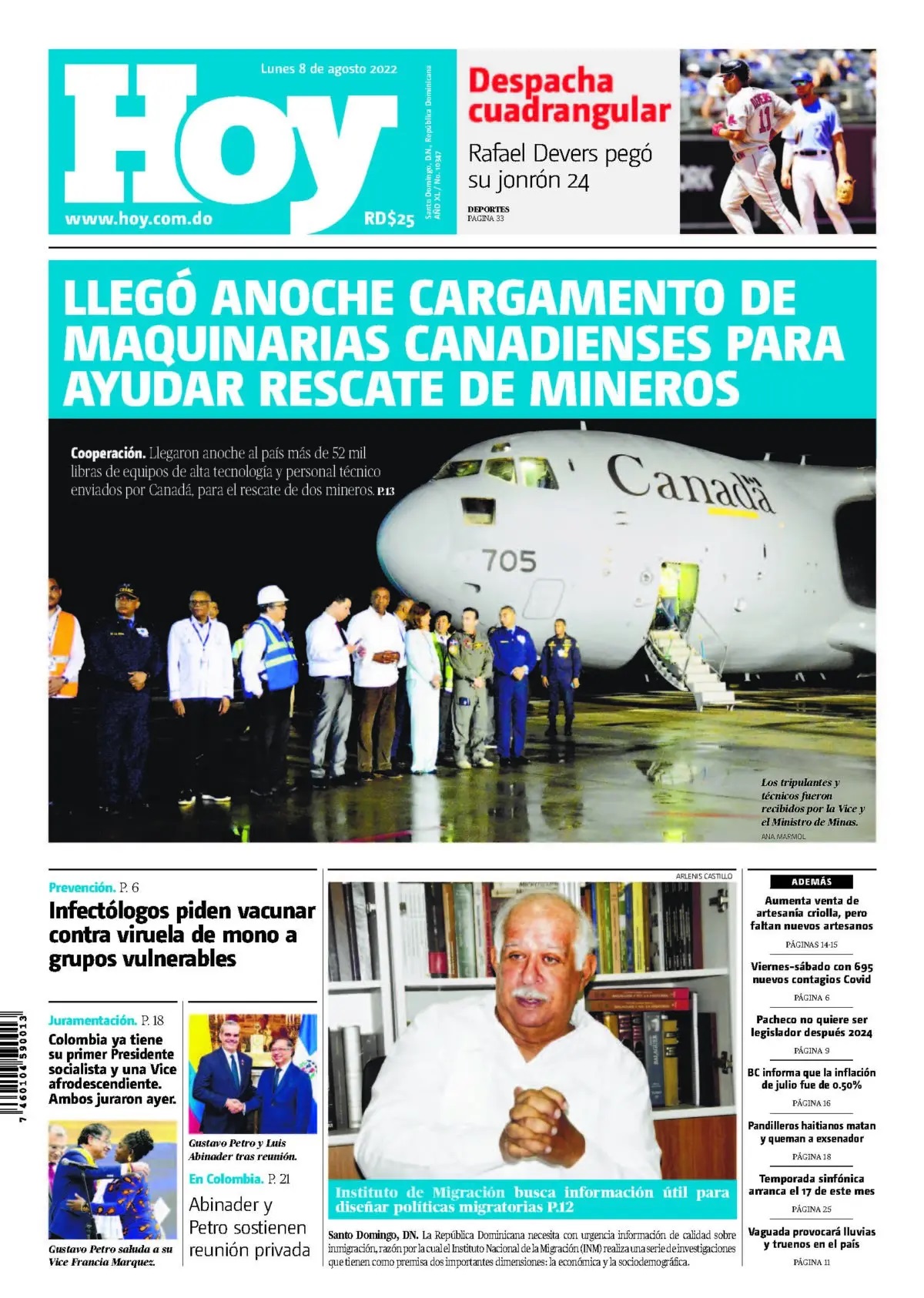 Portada Periódico Hoy, Lunes 08 Agosto, 2022