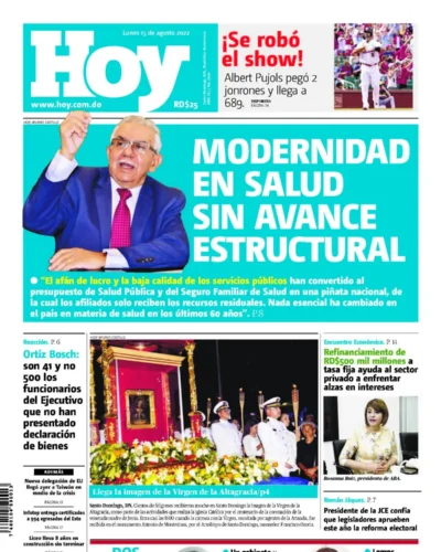 Portada Periódico Hoy, Lunes 15 Agosto, 2022