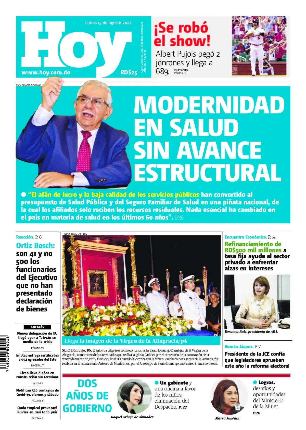 Portada Periódico Hoy, Lunes 15 Agosto, 2022