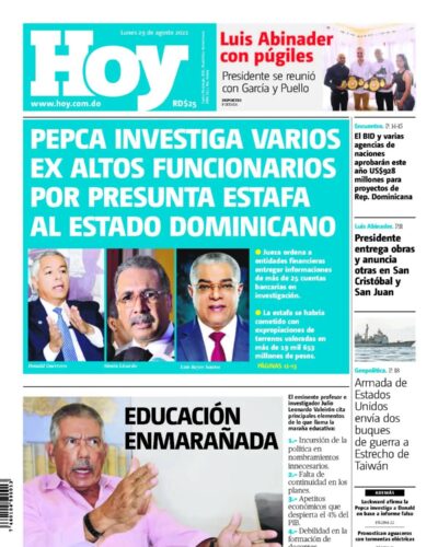 Portada Periódico Hoy, Lunes 29 Agosto, 2022