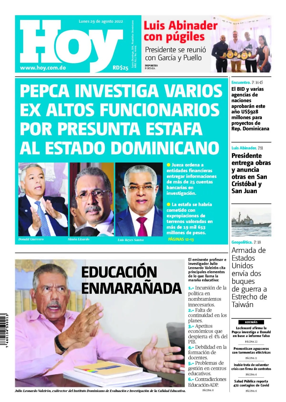 Portada Periódico Hoy, Lunes 29 Agosto, 2022