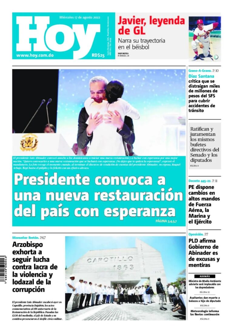 Portada Periódico Hoy, Miércoles 17 Agosto, 2022