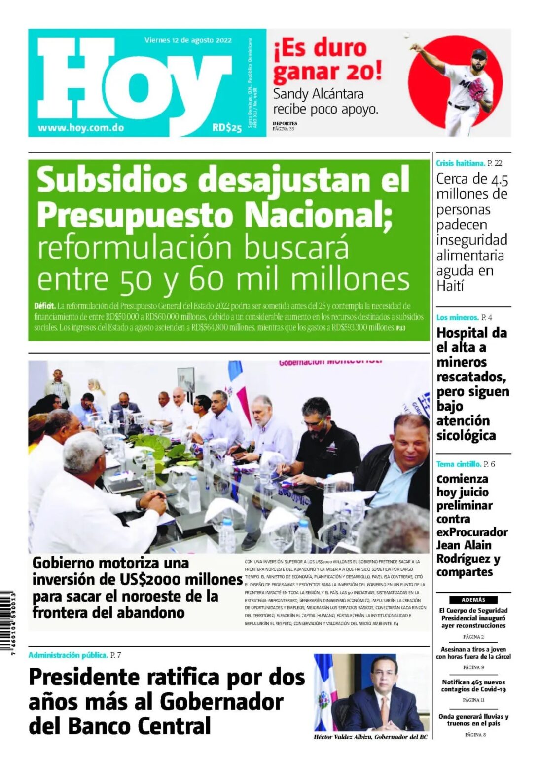 Portada Periódico Hoy, Viernes 12 Agosto, 2022 - Dominicana.do