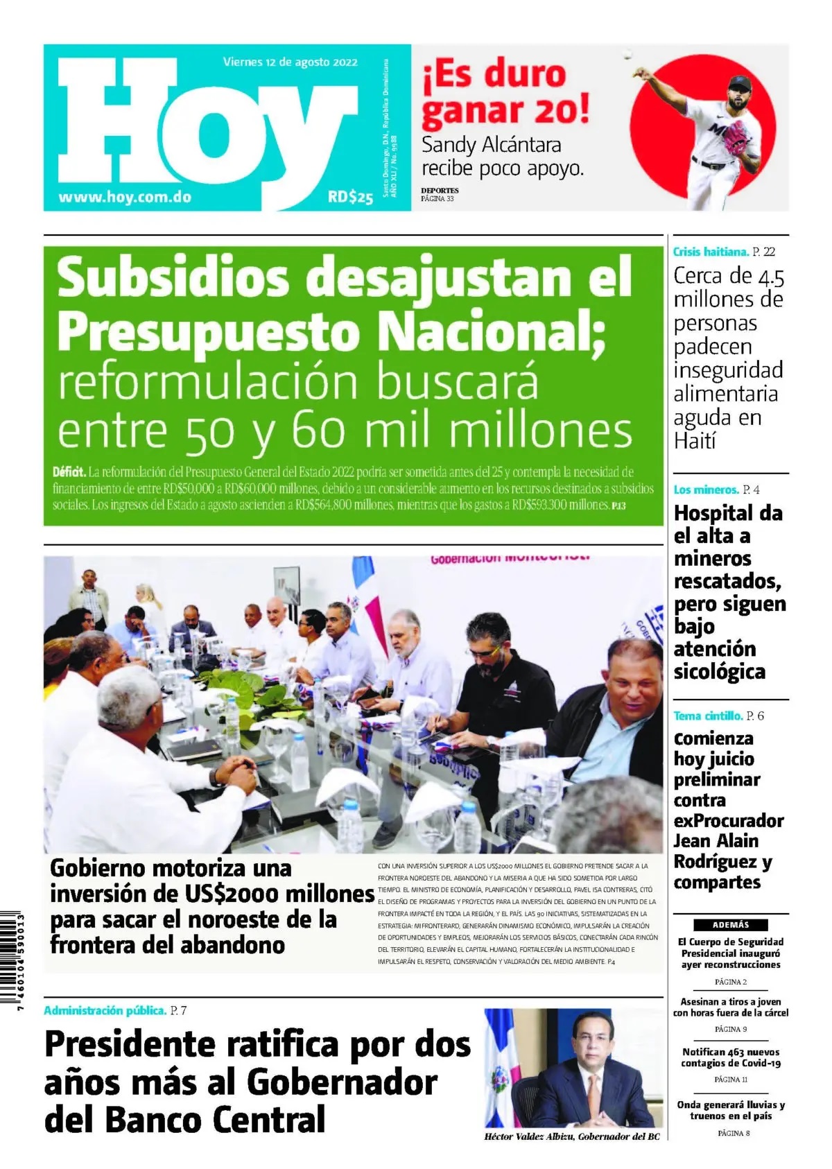 Portada Periódico Hoy, Viernes 12 Agosto, 2022
