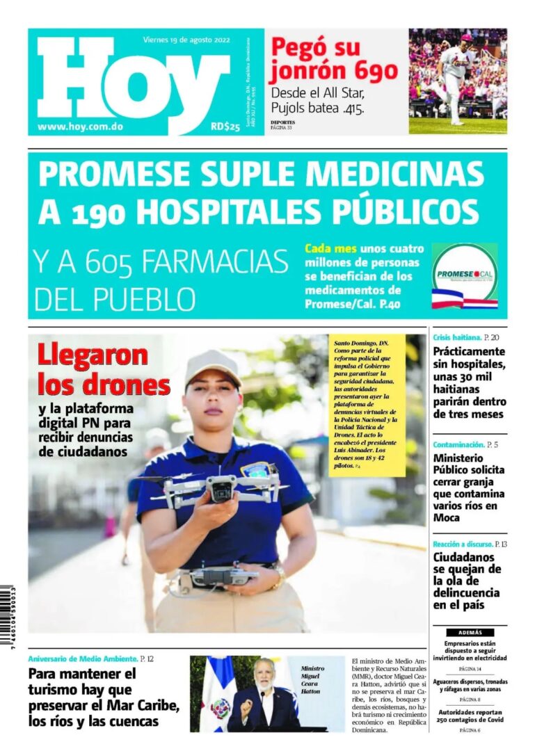 Portada Periódico Hoy, Viernes 19 Agosto, 2022