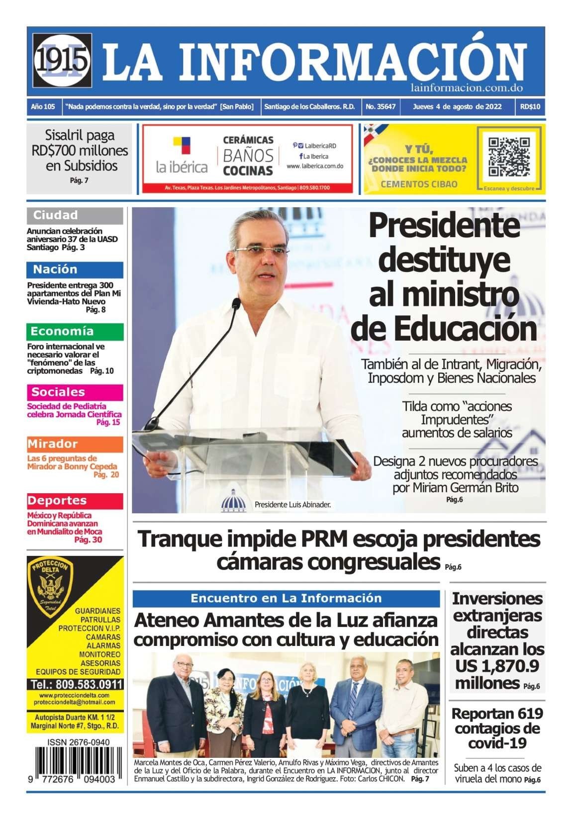 Portada Periódico La Información, Jueves 04 Agosto, 2022
