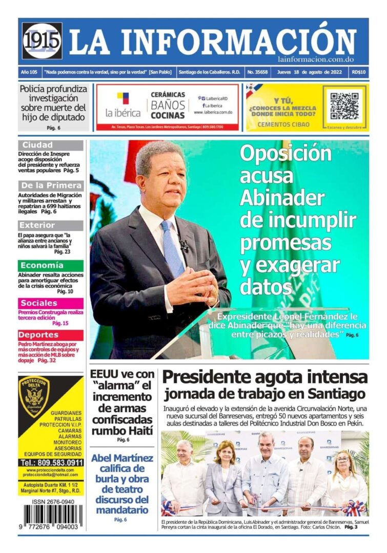 Portada Periódico La Información, Jueves 18 Agosto, 2022