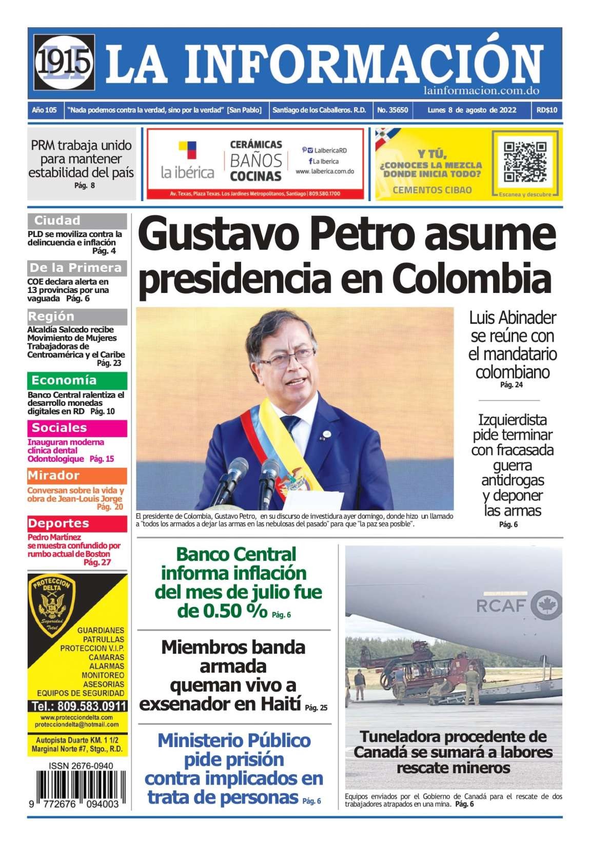 Portada Periódico La Información, Lunes 08 Agosto, 2022