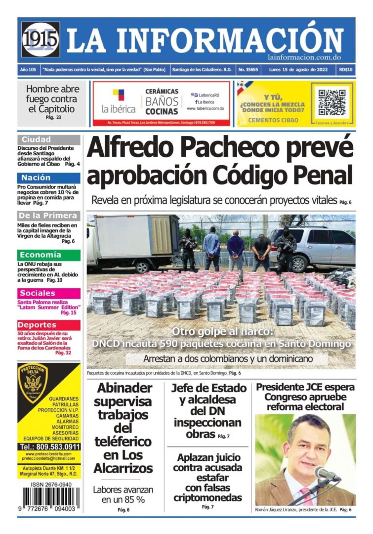 Portada Periódico La Información, Lunes 15 Agosto, 2022