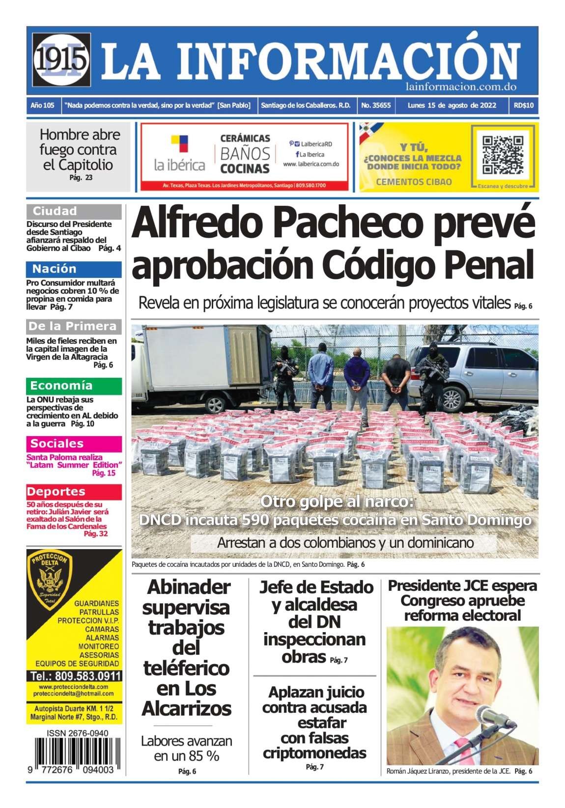 Portada Periódico La Información, Lunes 15 Agosto, 2022