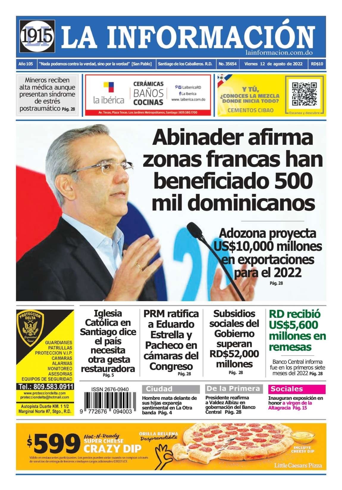 Portada Periódico La Información, Viernes 12 Agosto, 2022