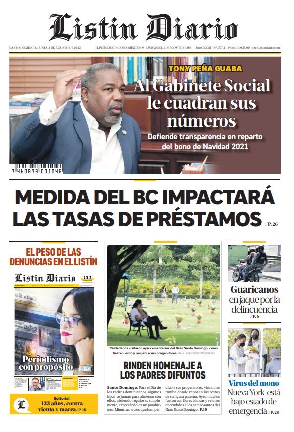Portada Periódico Listín Diario, Lunes 01 Agosto, 2022