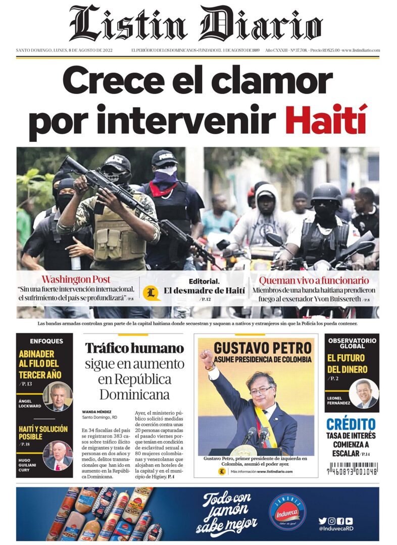 Portada Periódico Listín Diario, Lunes 08 Agosto, 2022