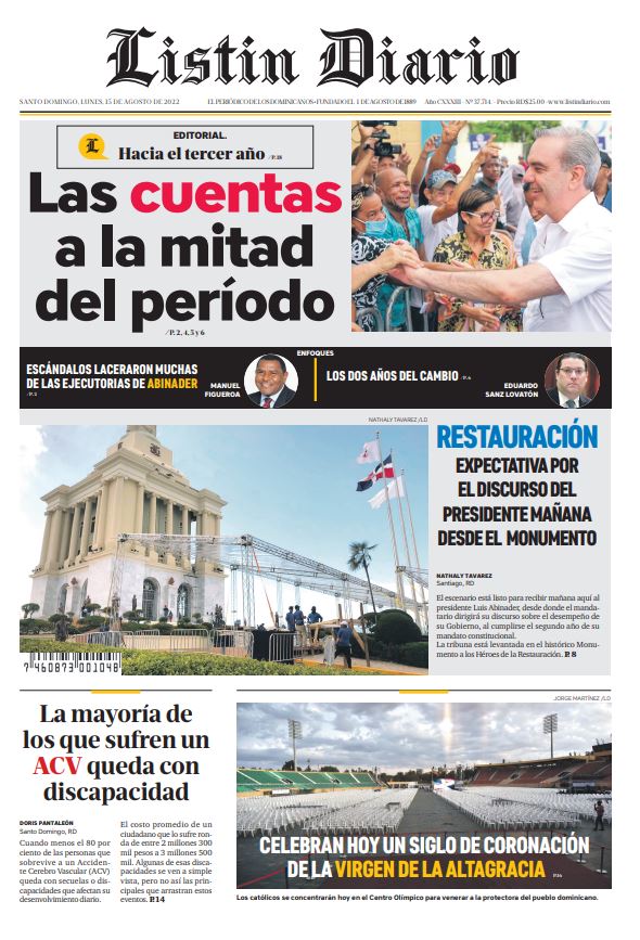 Portada Periódico Listín Diario, Lunes 15 Agosto, 2022