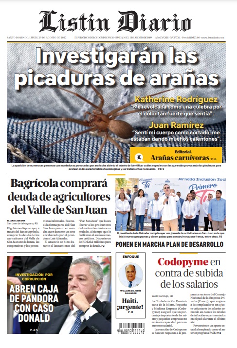 Portada Periódico Listín Diario, Lunes 29 Agosto, 2022
