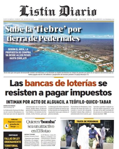 Portada Periódico Listín Diario, Viernes 05 Agosto, 2022